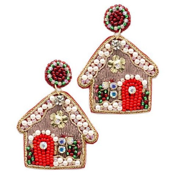 Gingerbread House with Red Door Beaded Earrings - Picture 1 of 1